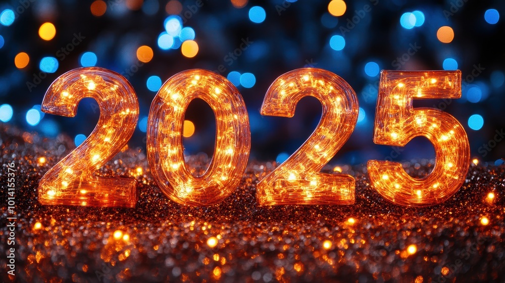 A dazzling image of the illuminated numbers 2025 adorned with vibrant orange lights, set against a sparkling background of blue and gold holiday lights A dazzling image of the illuminated numbers 2025 adorned with vibrant orange lights, set against a sparkling background of blue and gold holiday lights