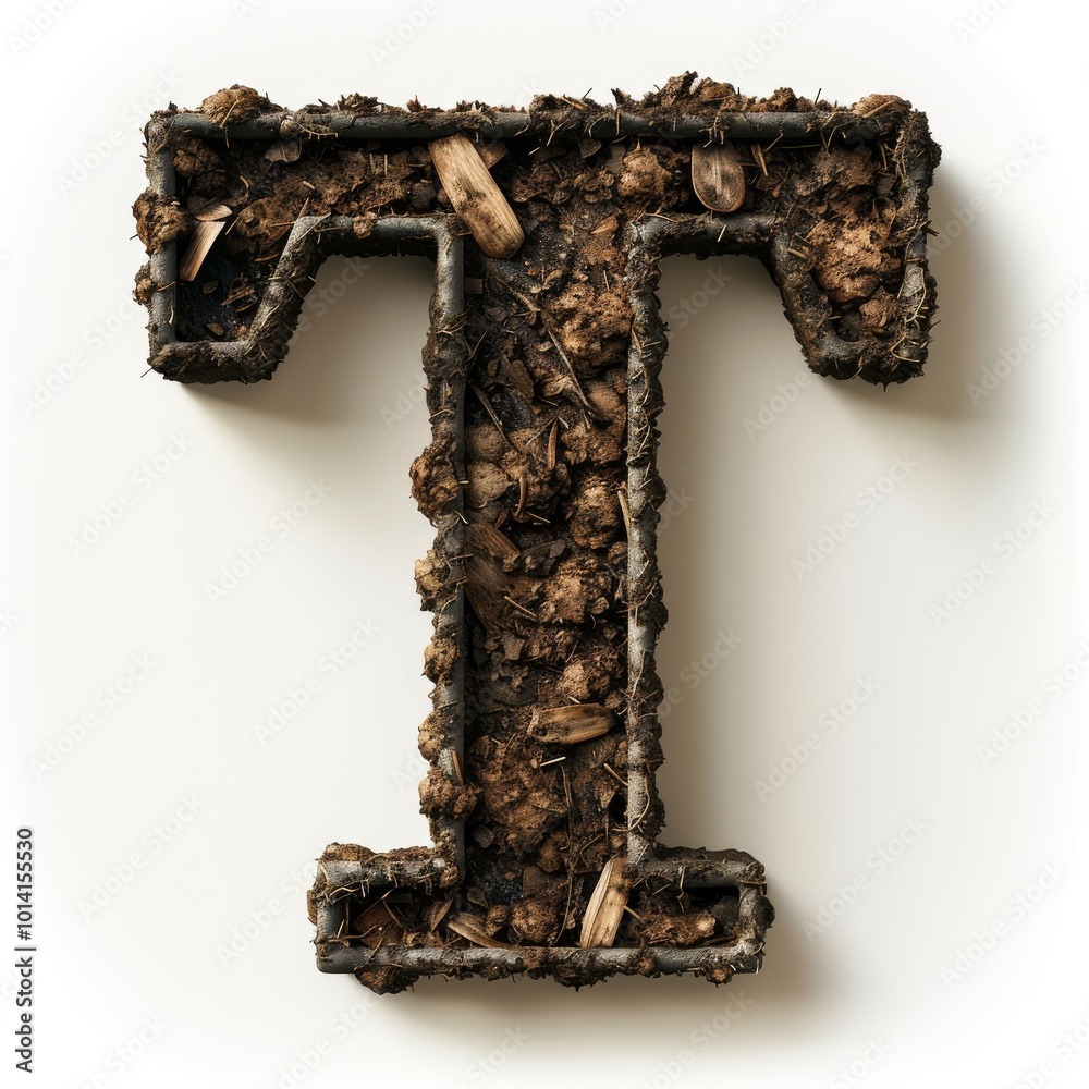 Fototapeta premium Dirt letter T, soil isolated on white, letter of the English alphabet isolated on white background.