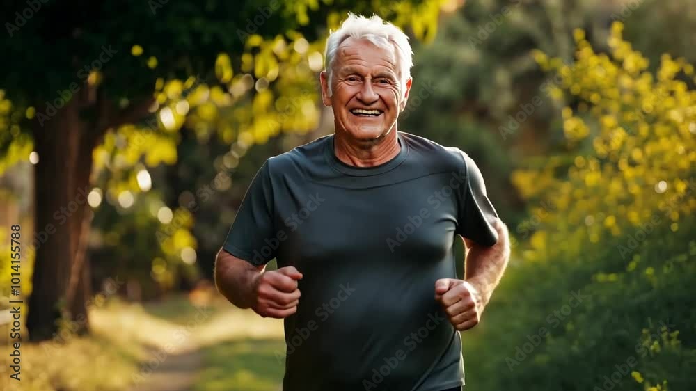 Senior man jogging in a sunlit park during early morning hours Senior man jogging in a sunlit park during early morning hours