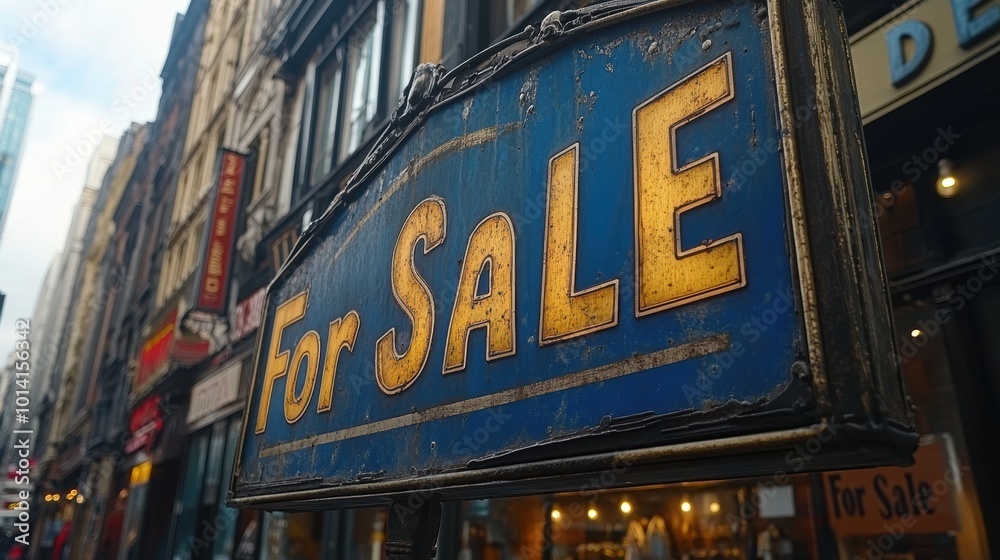 Obraz premium A vintage-style blue For Sale sign is prominently displayed on a busy urban street with historical buildings and stores visible in the background