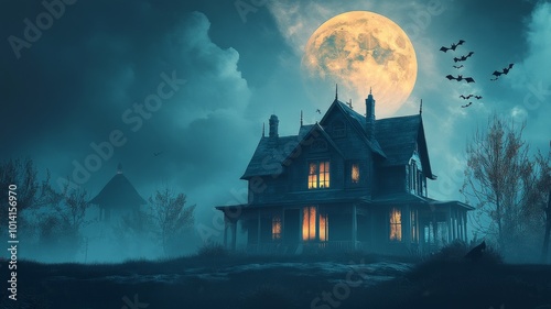 Haunted House Under Full Moon with Bats