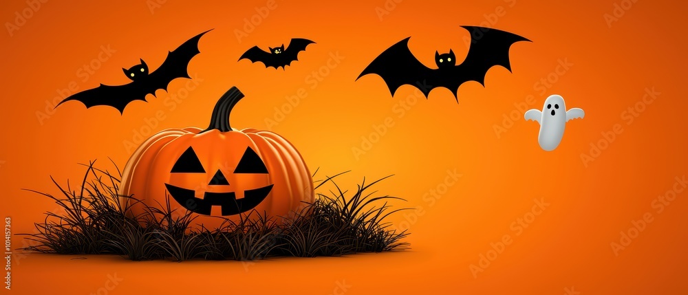 A spooky Halloween scene featuring a carved pumpkin, flying bats, and a ghost, all set against a vibrant orange background. A spooky Halloween scene featuring a carved pumpkin, flying bats, and a ghost, all set against a vibrant orange background.