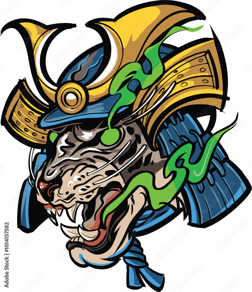 vector sketch of the tiger samurai head mascot vector sketch of the tiger samurai head mascot