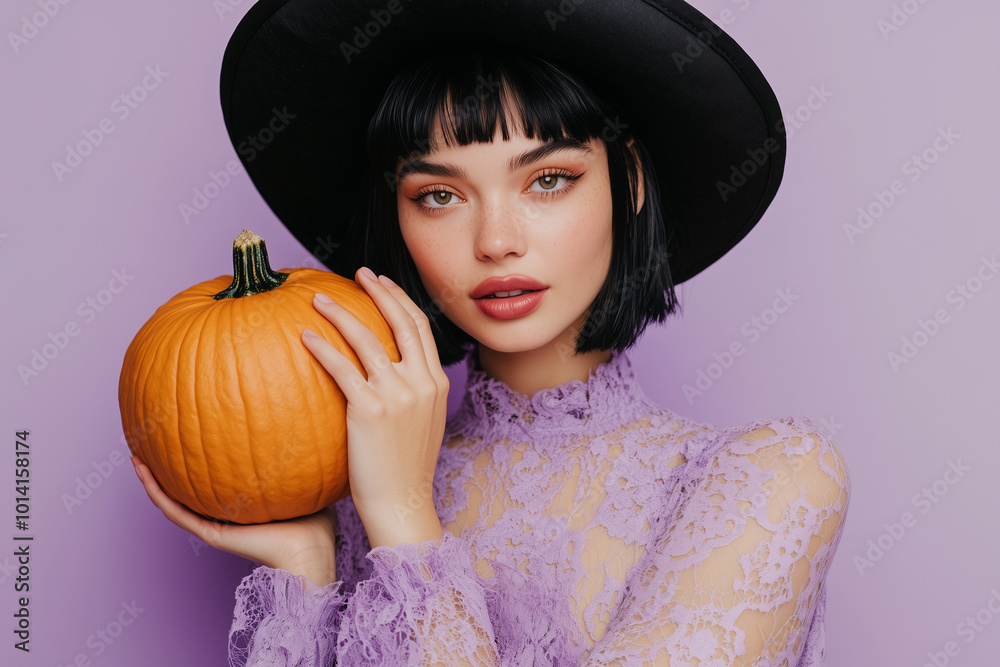 brunette woman facing forward with short bob haircut wearing dark purple dress and dark purple pointy witch hat close up holding a pumpkin, purple background brunette woman facing forward with short bob haircut wearing dark purple dress and dark purple pointy witch hat close up holding a pumpkin, purple background