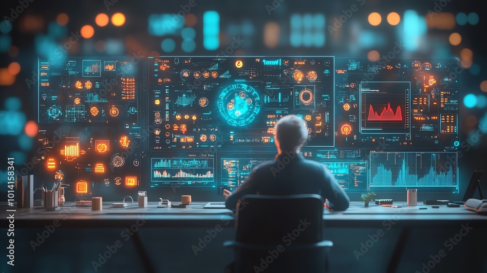 A futuristic financial analyst working with augmented reality data points, glowing blue screens in dark room, Futuristic, digital painting A futuristic financial analyst working with augmented reality data points, glowing blue screens in dark room, Futuristic, digital painting