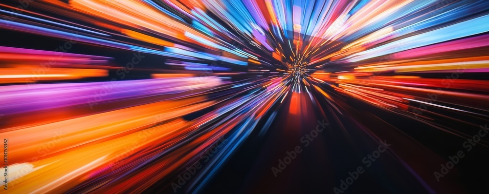 Obraz premium Colorful light streaks in motion blur, abstract background. Dynamic speed and energy concept