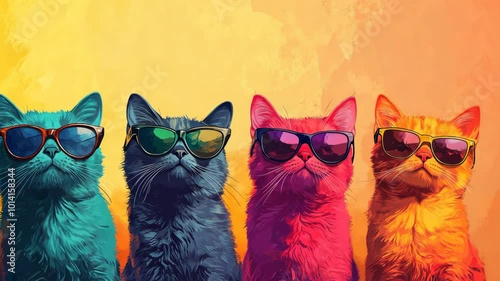 Four cool cats wearing sunglasses pose in front of a colorful background