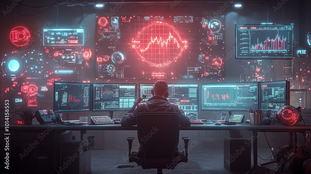 Futuristic stockbroker analyzing glowing graphs on a digital board, multiple monitors around, sleek hightech office, Cyberpunk, neon lights Futuristic stockbroker analyzing glowing graphs on a digital board, multiple monitors around, sleek hightech office, Cyberpunk, neon lights
