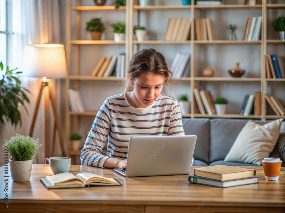 student focused on laptop while studying in cozy room student focused on laptop while studying in cozy room