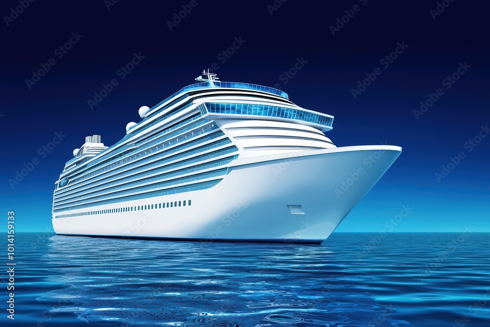 Fototapeta premium Large cruise ship sailing on calm blue sea with clear skies in the background, showcasing modern design and luxurious amenities.