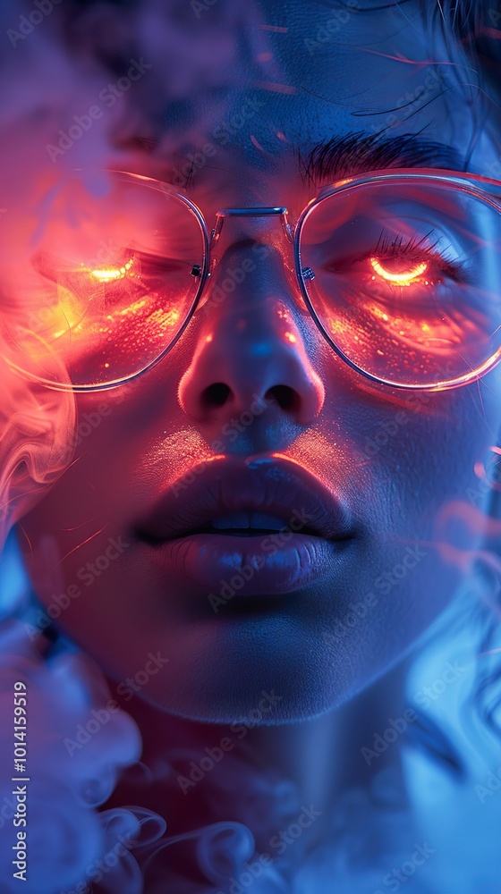 Close Up Portrait of Woman with Glowing Eyes and Smoke Close Up Portrait of Woman with Glowing Eyes and Smoke