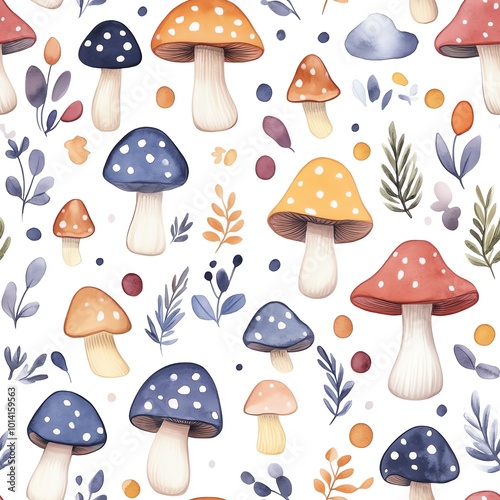 Whimsical Mushrooms Woodland Creatures seamless watercolour