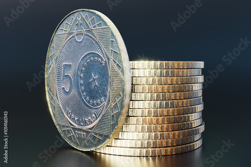 Close-up of a group of five Turkish lira coins. 3D rendering illustration. photo