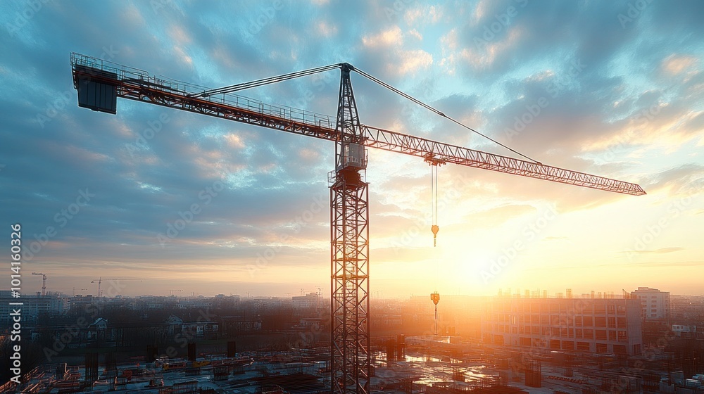Construction crane at sunrise over a building site. Construction crane at sunrise over a building site.