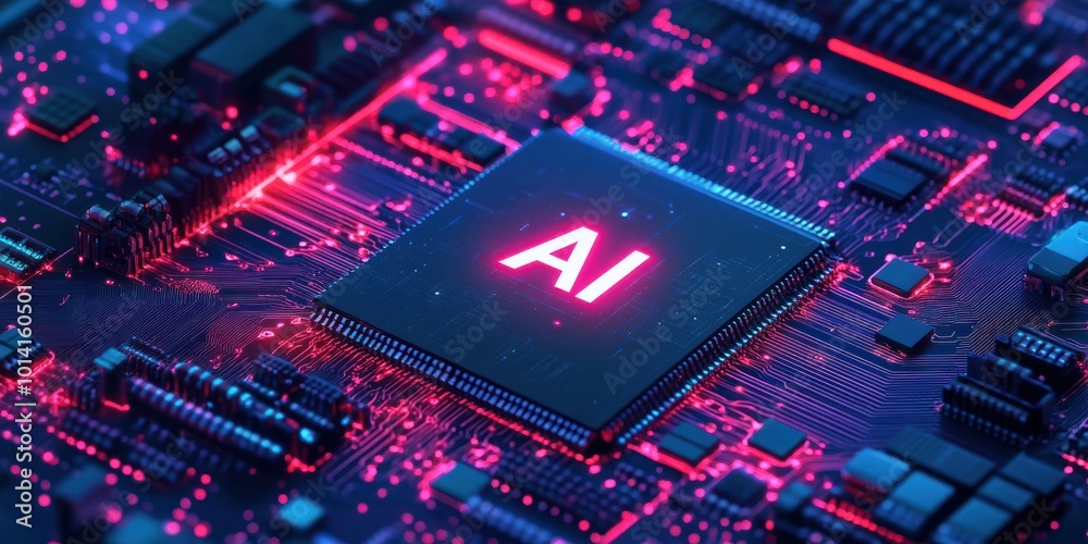 Close-up of a circuit board with a glowing AI chip. Close-up of a circuit board with a glowing AI chip.