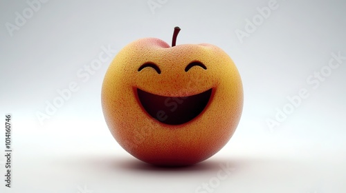 A simple and realistic depiction of a smiling peach, centrally placed against a clean white background. This vibrant and detailed image highlights the peach's natural colors and texture,