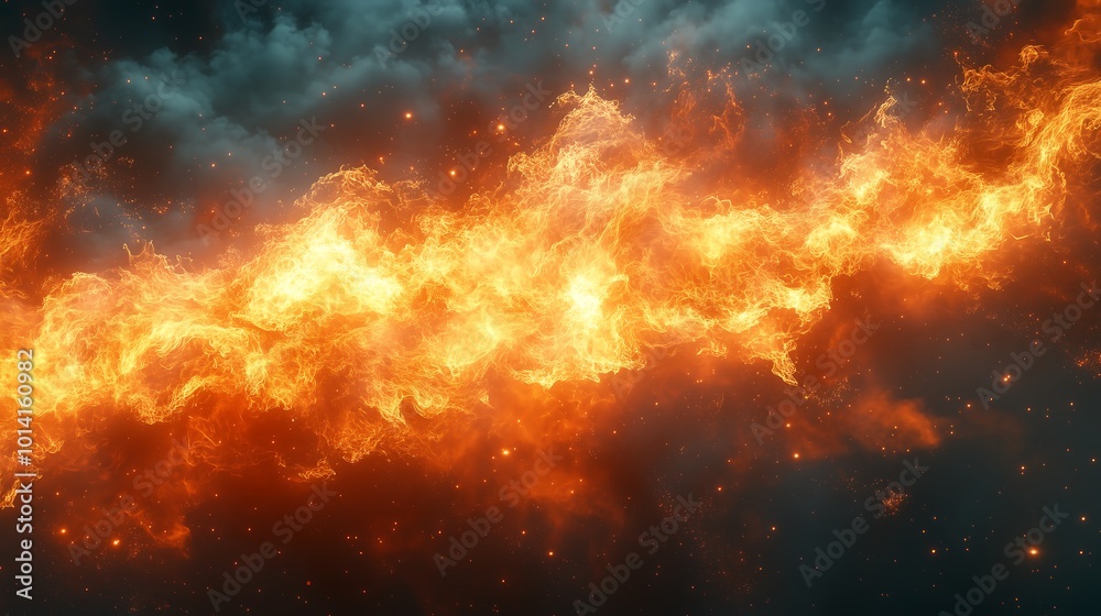 Naklejka premium A fiery, abstract, celestial background with a fiery streak of light across a dark sky filled with stars.