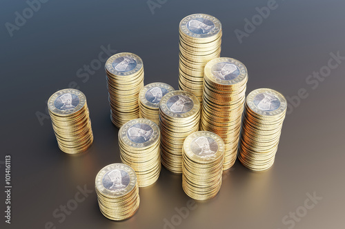 Close-up of a group of five Turkish lira coins. 3D rendering illustration. photo