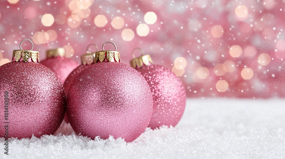 Shimmering pink Christmas ornaments on a snowy surface, sparkling against a blurred festive background, capturing a cheerful holiday spirit. Shimmering pink Christmas ornaments on a snowy surface, sparkling against a blurred festive background, capturing a cheerful holiday spirit.