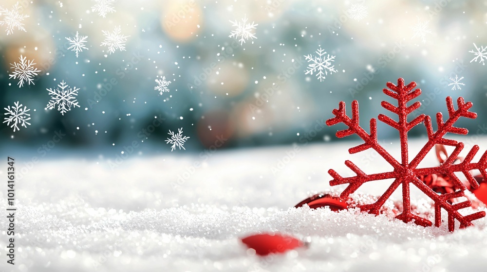 A serene winter scene featuring a red snowflake ornament resting on snow while snowflakes gently fall in a soft, blurred background. A serene winter scene featuring a red snowflake ornament resting on snow while snowflakes gently fall in a soft, blurred background.