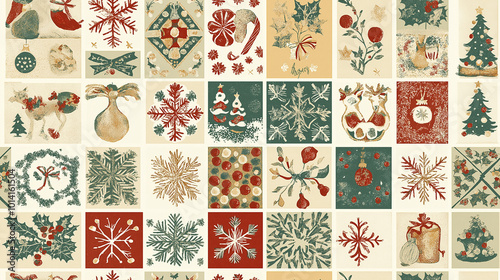 Charming Christmas Tile Pattern: Delightful Holiday Designs Featuring Trees, Snowflakes, Candy Canes, Reindeer, Ornaments, Vibrant Festive Colors on Soft Cream Background, Perfect for Festive Decor.