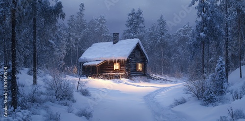 A cozy wooden cabin nestled in a snowy forest with a path leading to it. The cabin's windows are glowing with warm light, inviting visitors to seek refuge.