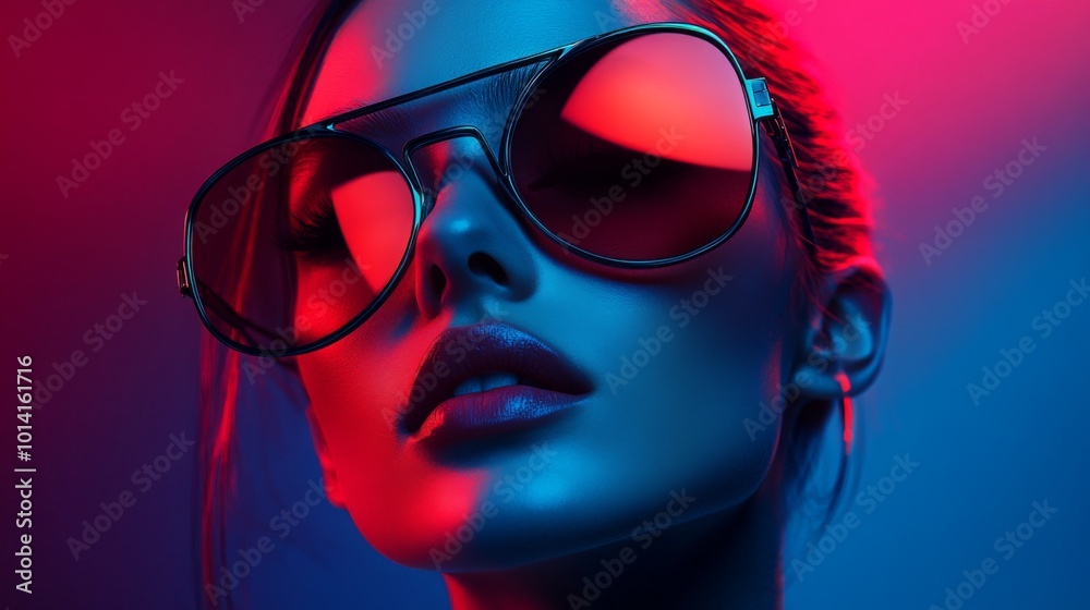 Fashionable Woman with Oversized Sunglasses in Neon Glow Fashionable Woman with Oversized Sunglasses in Neon Glow
