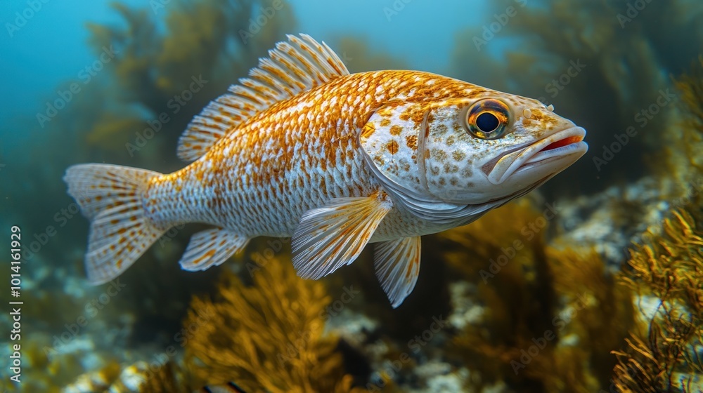 A vibrant fish swimming among underwater vegetation. A vibrant fish swimming among underwater vegetation.