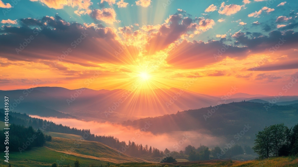 Obraz premium Motivational life quote on a sunrise landscape, with rays of light piercing through the clouds, symbolizing new beginnings.