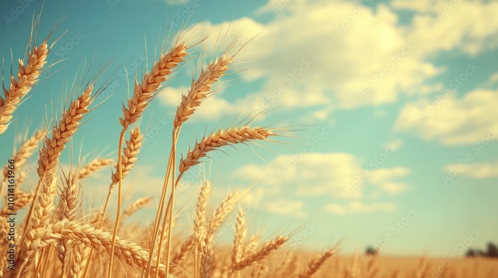 Golden wheat field with blue sky and white clouds in the background. Golden wheat field with blue sky and white clouds in the background.