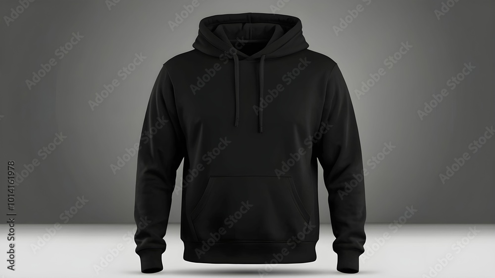 Mockup of a black hoodie set against a gray background, highlighting its style and potential for branding. Mockup of a black hoodie set against a gray background, highlighting its style and potential for branding.