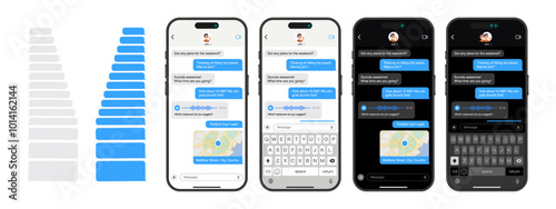 Smartphone Messaging App: Vector UI and UX Design with Dark and Light Mode, Chat Bubbles, Map Sharing, and Voice Messaging