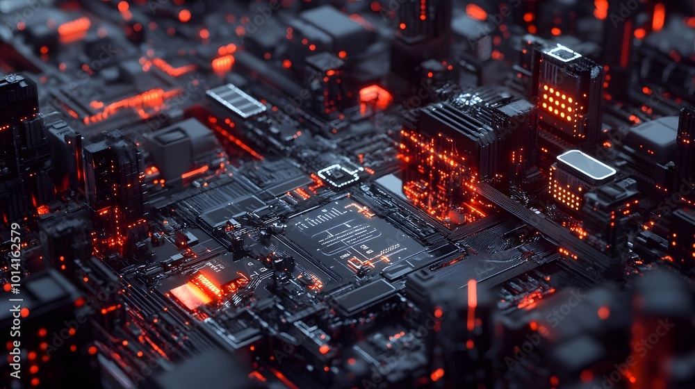 Fototapeta premium Close-up of a futuristic circuit board with glowing red lights, representing advanced technology and innovation.