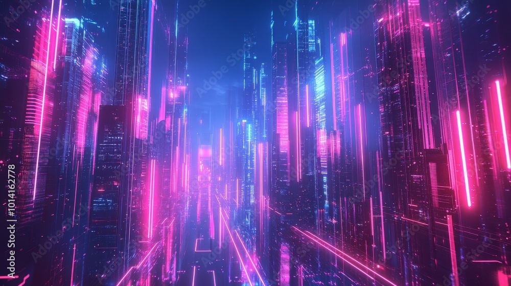 Obraz premium Motivational quote with a digital cityscape and glowing neon lines, creating a sleek futuristic Facebook post.