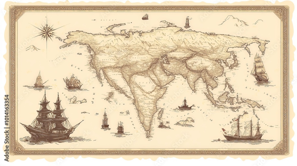 Obraz premium Vintage World Map with Sailing Ships.