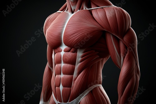 Close-up of human abdominal muscles, with realistic texture and definition, showing the rectus abdominis and obliques photo