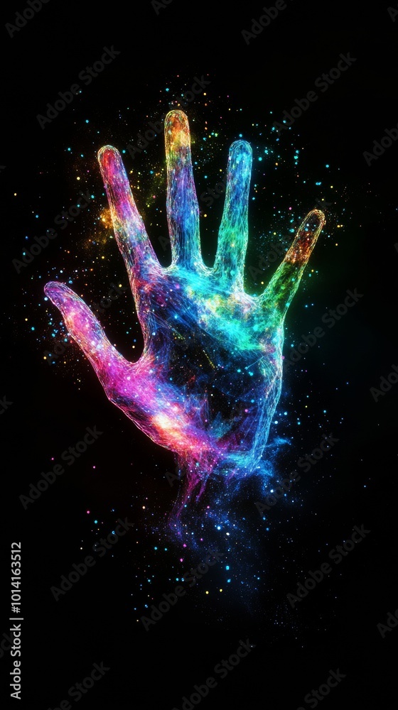 Colorful cosmic hand against black background, digital art concept Colorful cosmic hand against black background, digital art concept