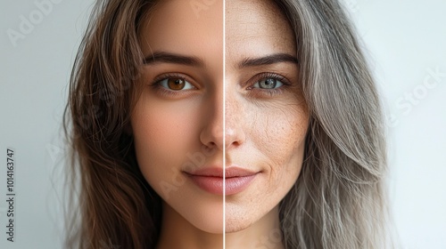 Woman, the left side of her face is about 20 years old with brown hair and the right side of her face has aged with subtle wrinkles and her hair is grey, white background