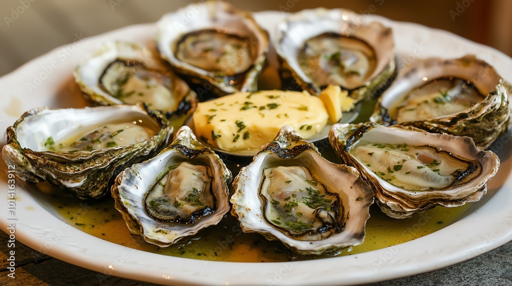 A plate of fresh oysters with herbs and butter on a white dish, highlighting gourmet seafood dining with a touch of elegance and flavor.