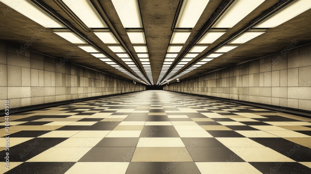 Desolate subway station featuring striking geometric patterns, minimalist design, devoid of human presence, evoking solitude and tranquility Desolate subway station featuring striking geometric patterns, minimalist design, devoid of human presence, evoking solitude and tranquility
