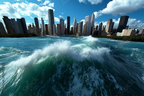 Futuristic city protected by towering flood barriers, with the ocean crashing against them, symbolizing humanityâ€™s fight against rising sea levels caused by global warming