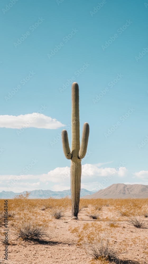 Solitary Cactus in Expansive Desert, Emphasizing Minimalism with a Pale Blue Sky, Invoking Tranquility and Isolation