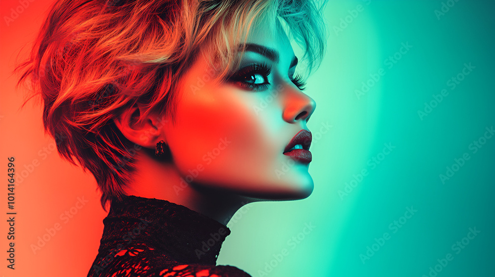 A beautiful model, colorful background, dramatic light A beautiful model, colorful background, dramatic light