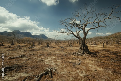 Barren Landscape with Dry Trees under Cloudy Sky