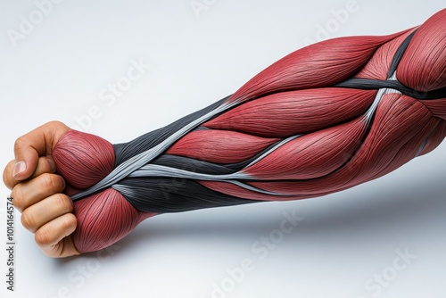 Human forearm muscles, showing realistic details of the flexor and extensor muscles along with the tendons