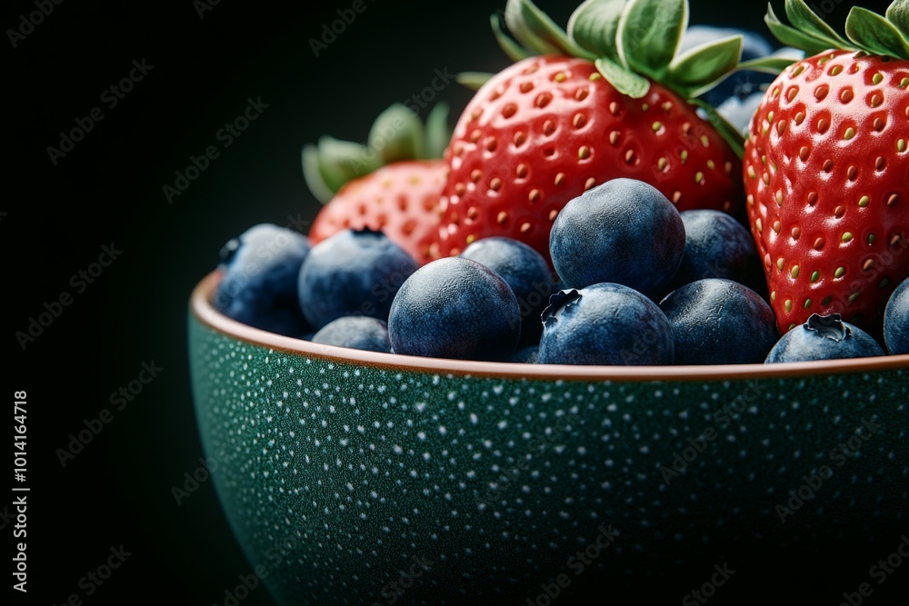 Hyper-realistic close-up of fresh blueberries and strawberries in a bowl, showing every tiny detail of the vibrant fruit, perfect for a weight-loss-friendly snack Hyper-realistic close-up of fresh blueberries and strawberries in a bowl, showing every tiny detail of the vibrant fruit, perfect for a weight-loss-friendly snack