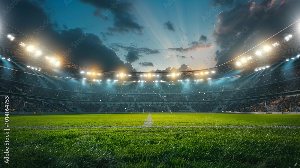 Illuminated football stadium at dusk with green field and dramatic sky