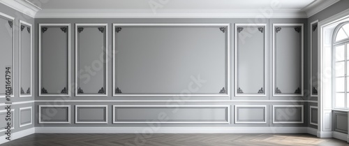 Wall Panels in Classic Empty Luxury Room with Moldings on Gray Wall photo