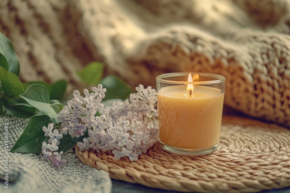 Lit Candle with Lilac Flowers and Cozy Decor Lit Candle with Lilac Flowers and Cozy Decor