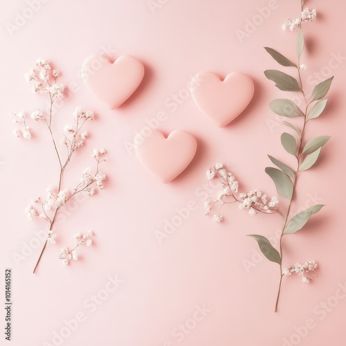 A pink background with a tree branch with hearts on it